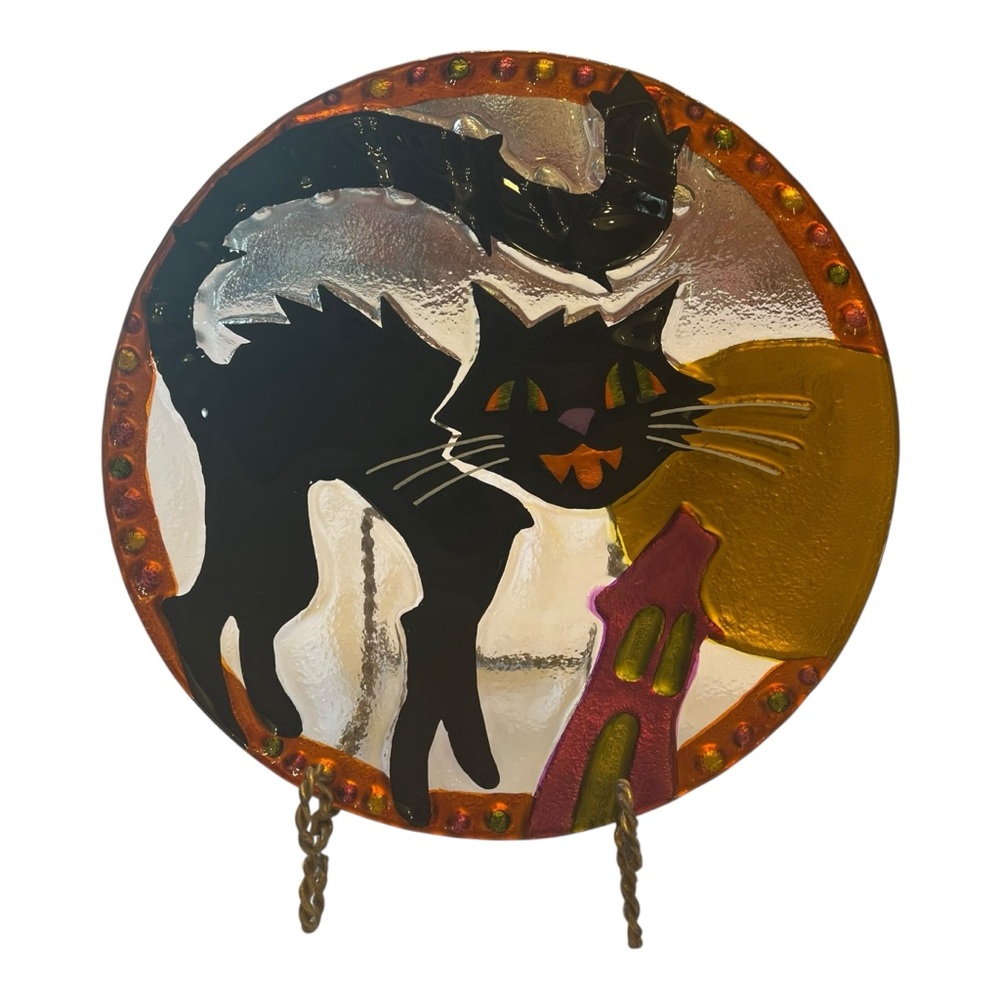 Fused Glass Black Cat Plate Lori Siebert Silvestri by Demaco 11” Halloween